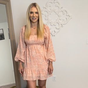 Long Sleeve Tie Back Floral Peach Tiered Dress